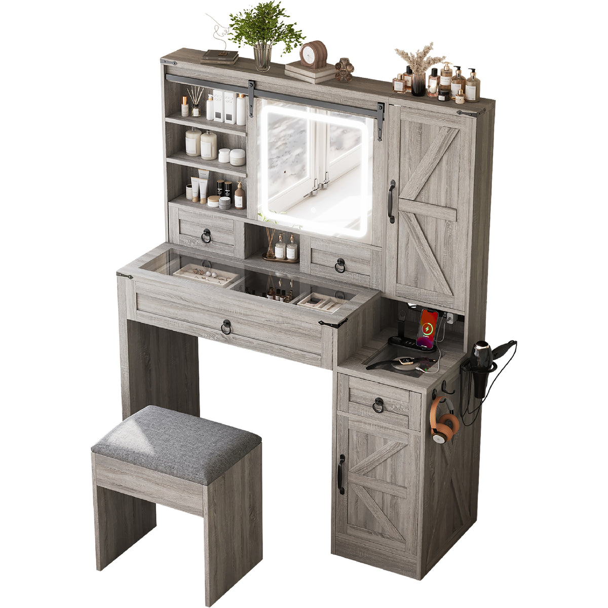 variant-group:rf-n733p340562g|Roomfitters Farmhouse Vanity Desk with Sliding Mirror & Lights, Glass Top, Charging Station, 4 Drawers, 2 Cabinets, Stool, Gray