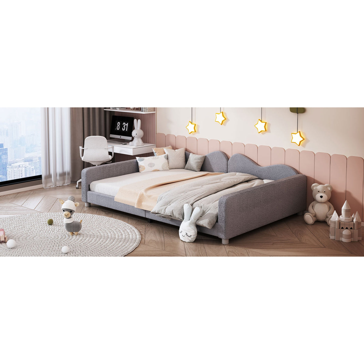 variant-group:rf-n733p234605e|Roomfitters Full Size Upholstered Daybed, Sherpa Fabric Sofa Bed with Cloud-Shaped Backrest, Sturdy and Stylish Design, No Box Spring Needed, Gray