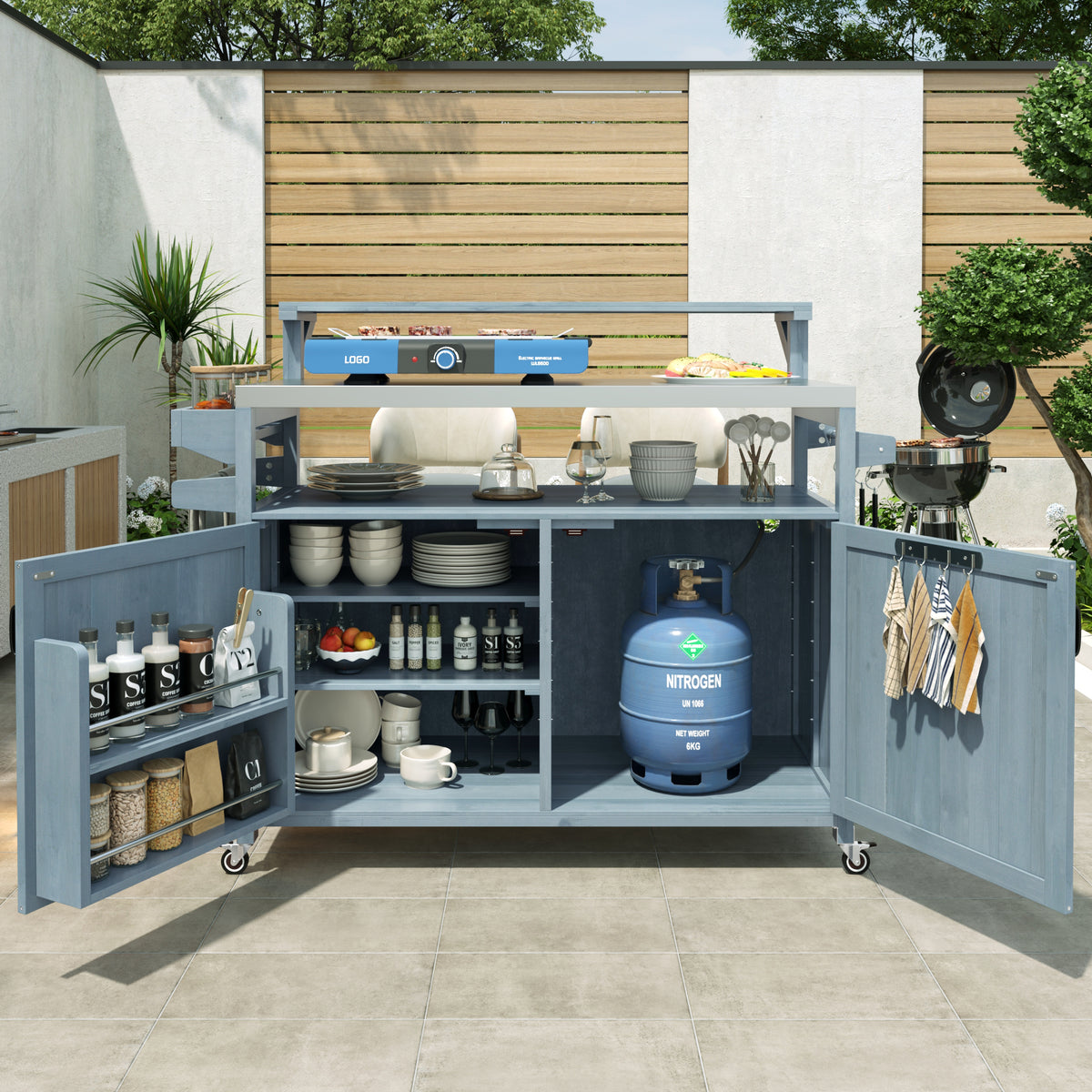 variant-group:rf-n707p250628g|Roomfitters 53.3" Outdoor Kitchen Island with Raised Shelf, Wood Storage Cabinet, Stainless Steel Top, Rolling Grill Cart, Grey Blue