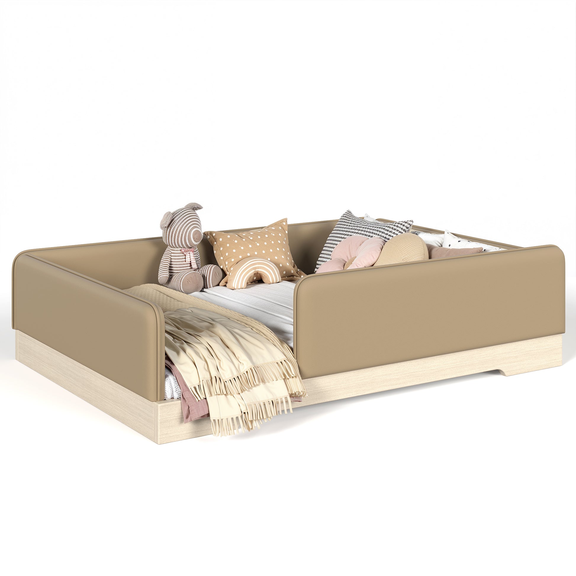 variant-group:rf-w1580s00670|Roomfitters Full Size Upholstered Floor Bed Frame with Removable Guardrails, Faux Leather Low Profile Platform, Brown