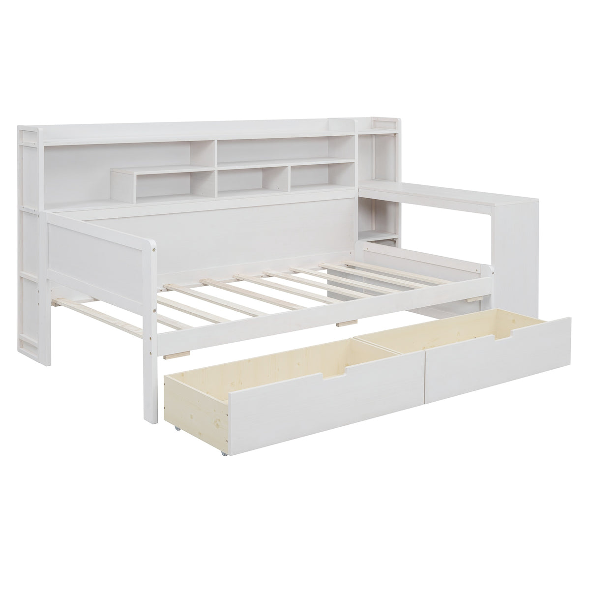variant-group:rf-n733s241484k|Roomfitters Wooden Twin Size Daybed with Storage Shelves, Multi-functional Bed with Two Storage Compartments and Study Desk, Antique White