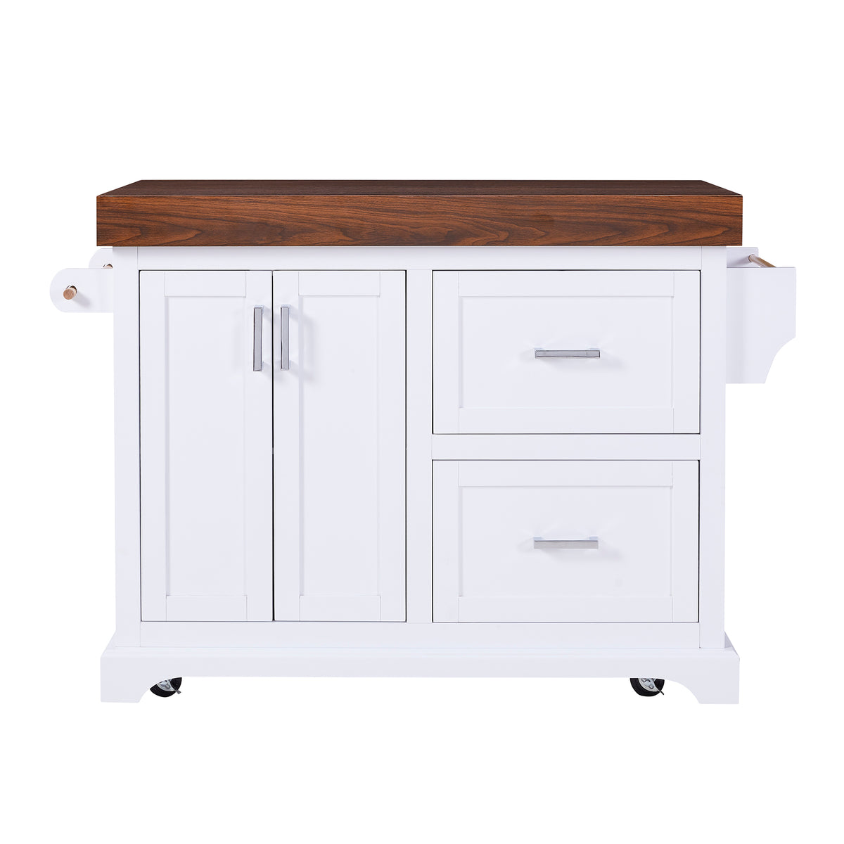 variant-group:rf-n707s000025w|Roomfitters 53" Kitchen Island with Butcher Block Top, Storage Cabinet with Drawers, Spice Rack and Towel Holder, White