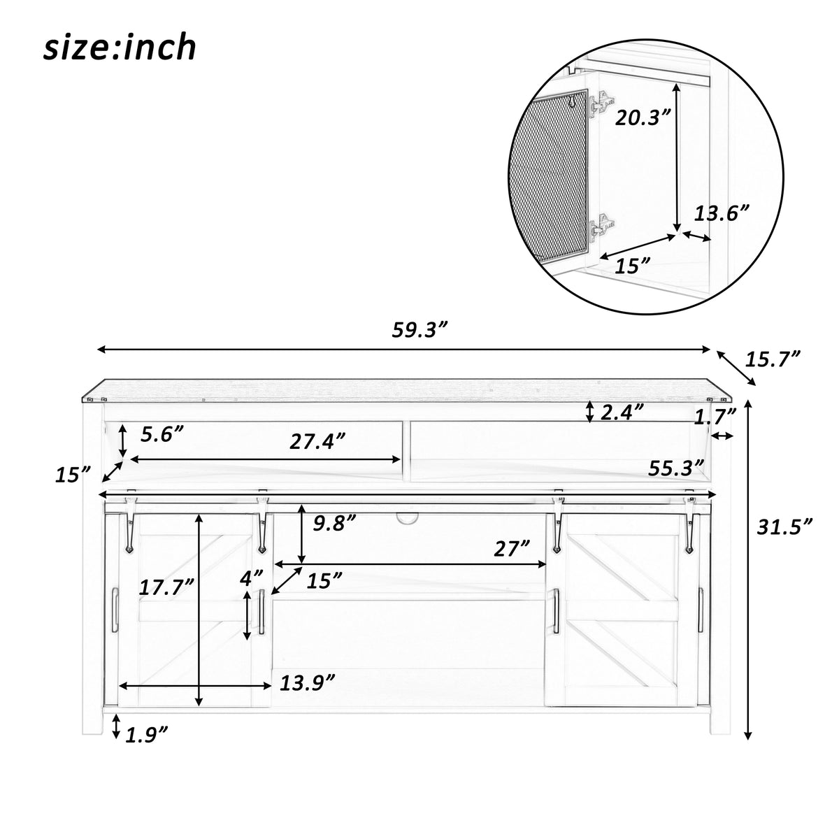 variant-group:rf-n711p347388o|Roomfitters 59.3" Sideboard Buffet Cabinet with Sliding Barn Doors, Modern Farmhouse Storage for Kitchen & Dining, Natural