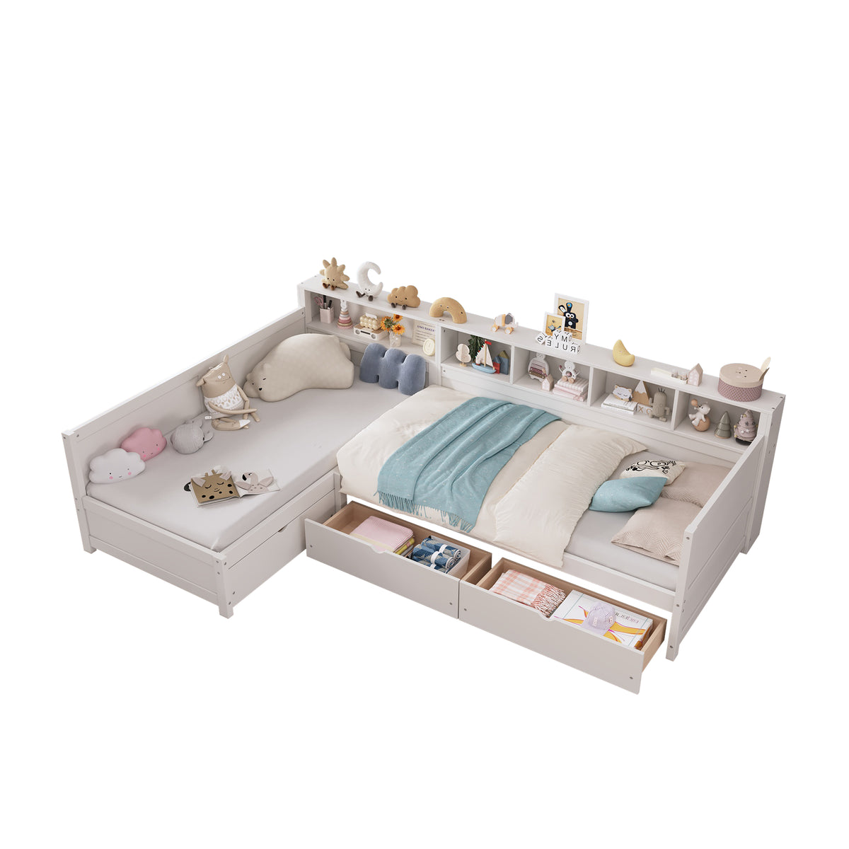 variant-group:rf-n733s369272k|Roomfitters Twin L-Shaped Daybed for 2 with 3 Storage Drawers, Wooden Corner Bed Frame with Bookshelf for Bedroom, White