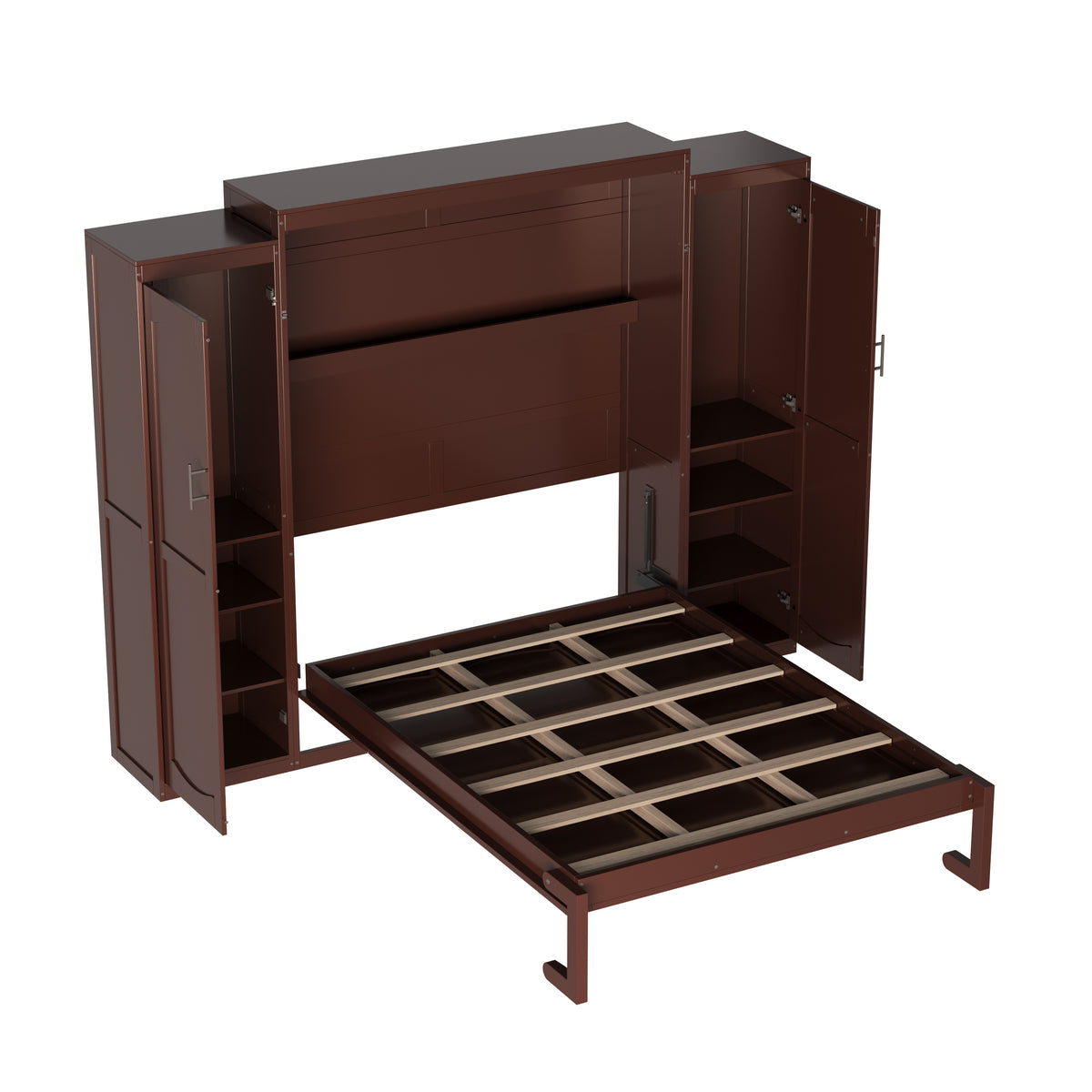 variant-group:rf-n733s235596d|Roomfitters Full Murphy Wall Bed with Two Wardrobes and Storage Shelf, Foldable Platform Bed Frame for Guest Room, Walnut