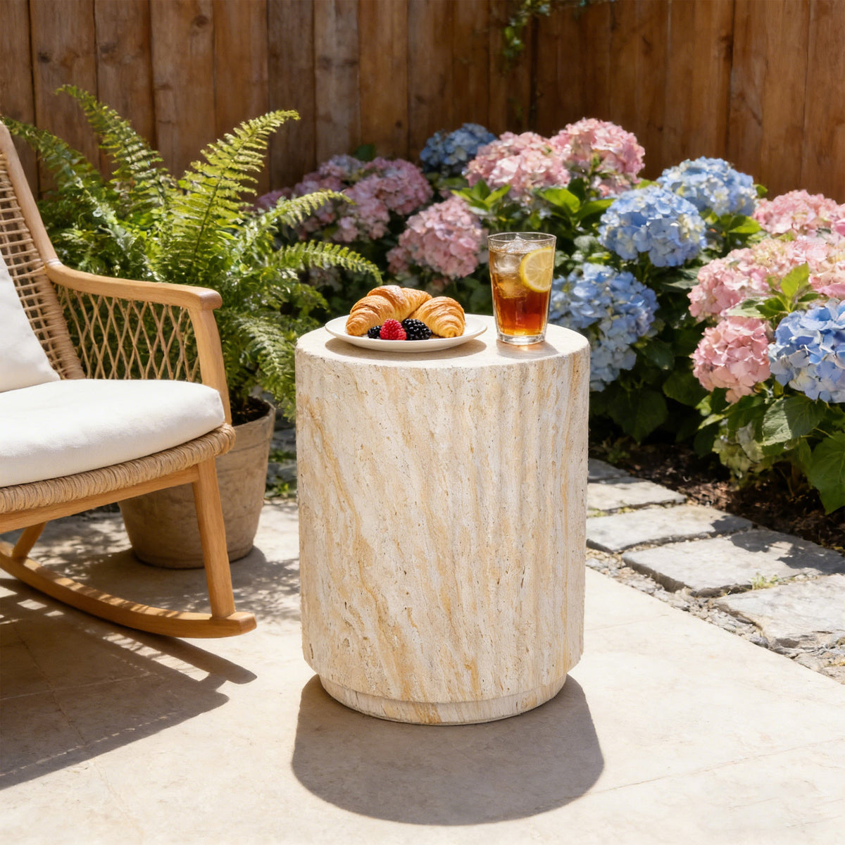 Roomfitters Modern Cylinder Wave Outdoor Side Table, Round Plant Stand, Beige MgO Patio End Table, Ripple Design Roomfitters