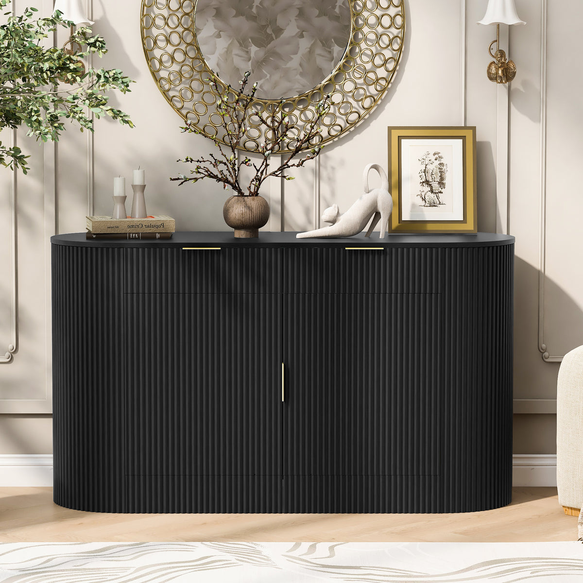 variant-group:rf-n711p345168b|Roomfitters 55.1" Oval Sideboard Buffet Cabinet with 2 Drawers & Wine Rack, Mid-century Modern Fluted Accent for Dining, Black