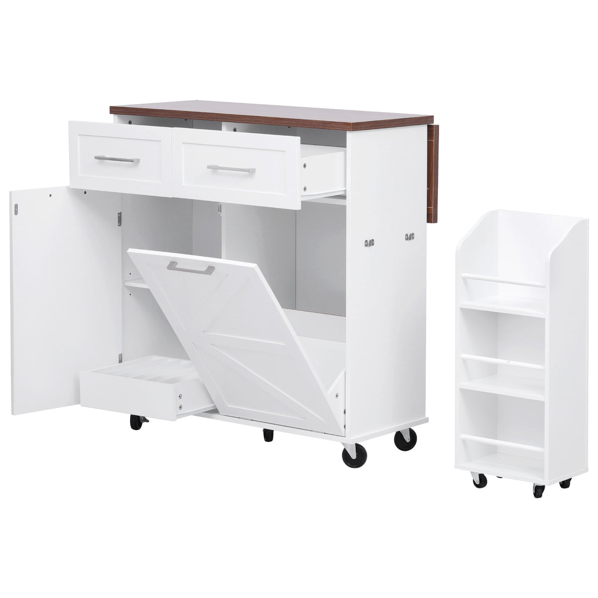 variant-group:rf-n707p307296w|Roomfitters 47.2" Farmhouse Kitchen Island with Drop Leaf, Tilt Trash Can Cabinet, Removable Mobile Side Racks, White
