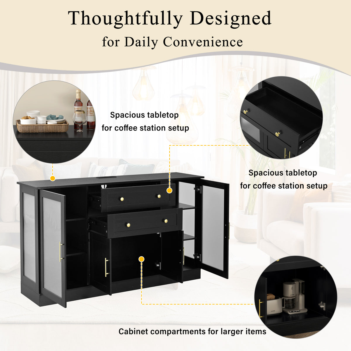 variant-group:rf-n711p437648b|Roomfitters Contemporary Black Melamine MDF Buffet Sideboard Storage Cabinet Acrylic Doors Dining Room Kitchen Console