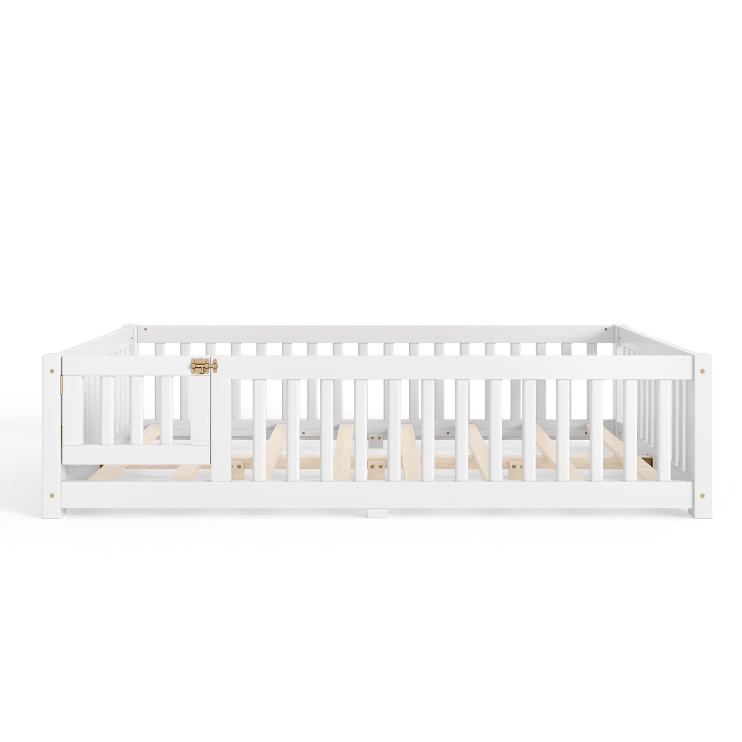 variant-group:rf-w1580p462317|Roomfitters Full Size Wooden Floor Bed Frame with Safety Guardrails Door, Solid Wood Low Profile Toddler Play Bed, White
