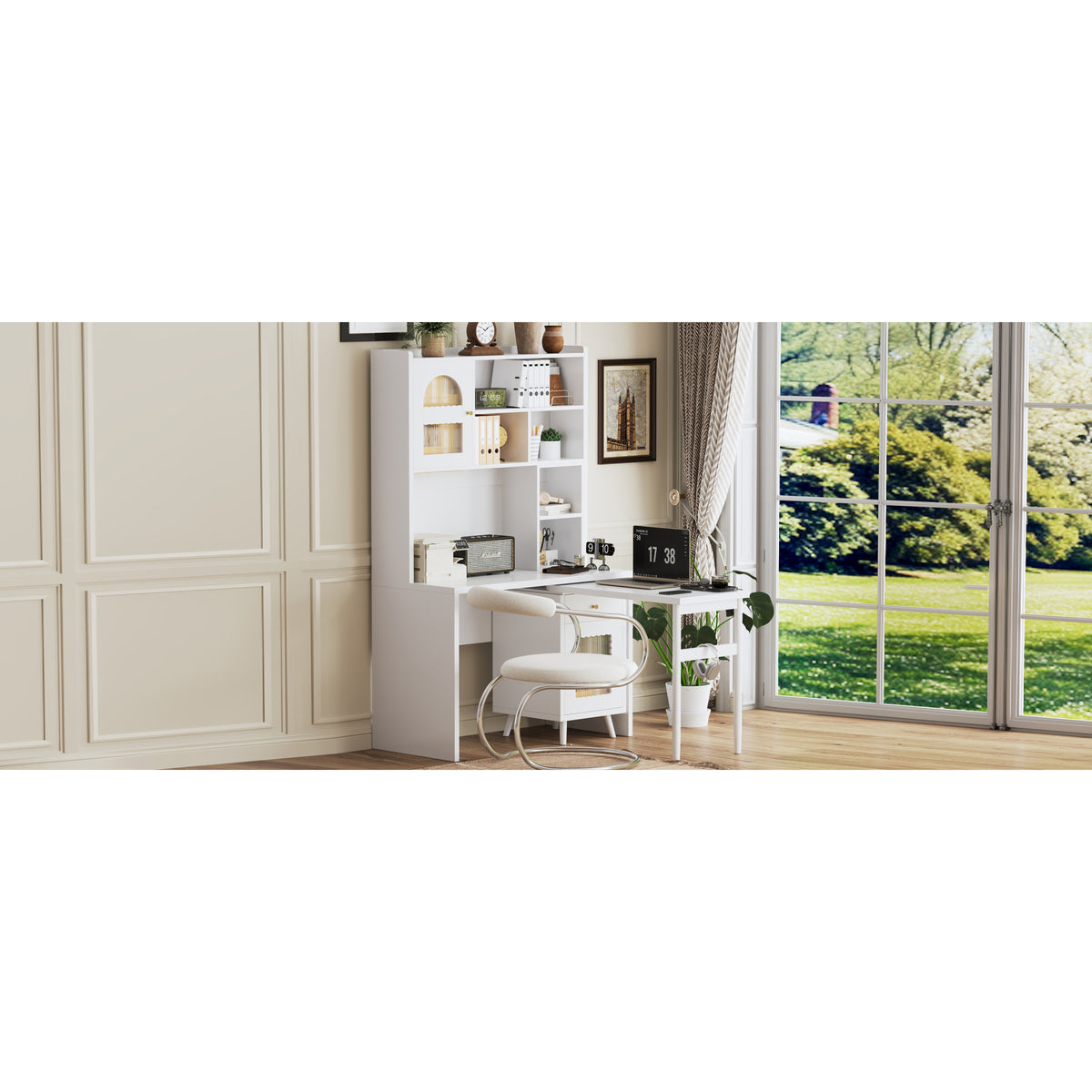 variant-group:rf-n733s363716k|Roomfitters Rotating L-Shaped Computer Desk with Shelves and Storage, 90° Swivel Office Writing Desk, White