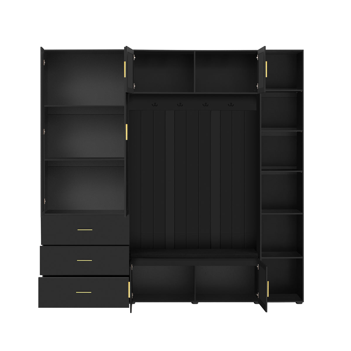 variant-group:rf-n724sj000167aab|Roomfitters American Style Extra-Wide Hall Tree with Padded Cushion Seat, Antique Black