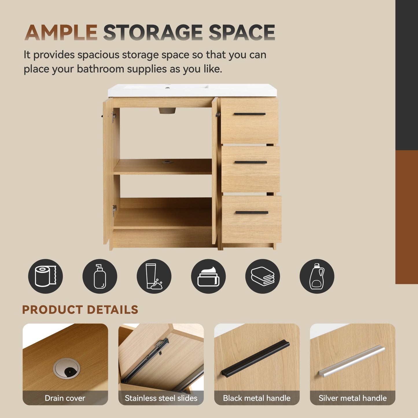 36" Modular Freestanding Bathroom Vanity with 36" Resin Sink Top, Light Oak, 2-Piece Cabinet (24" 2-Door + 12" 3-Drawer), KD Cabinet, Includes Black & Brushed Aluminum Handles Roomfitters