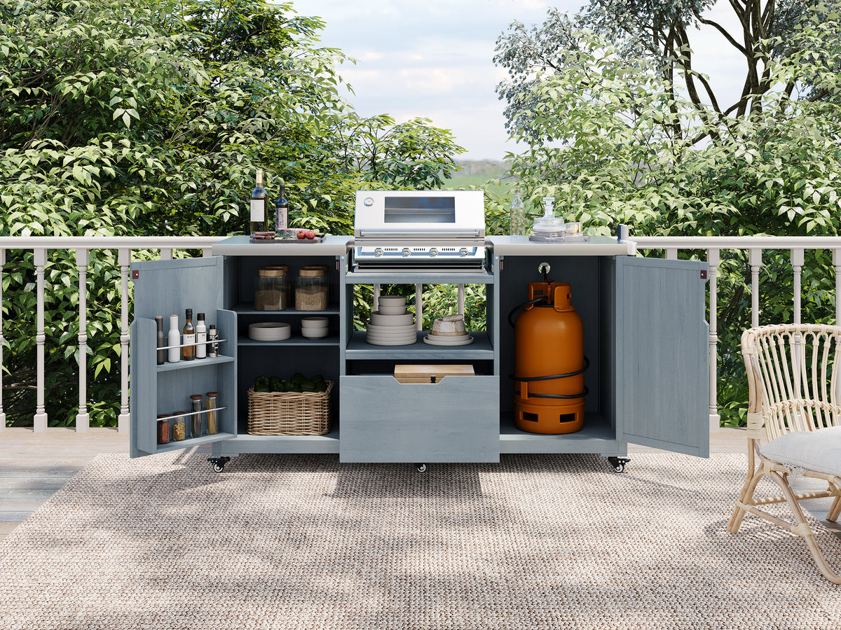 variant-group:rf-n707p250629g|Roomfitters 66.5" Outdoor Kitchen Island for Big Kamado Grills, Wood Grill Cart with Stainless Steel Top, Storage, Grey Blue