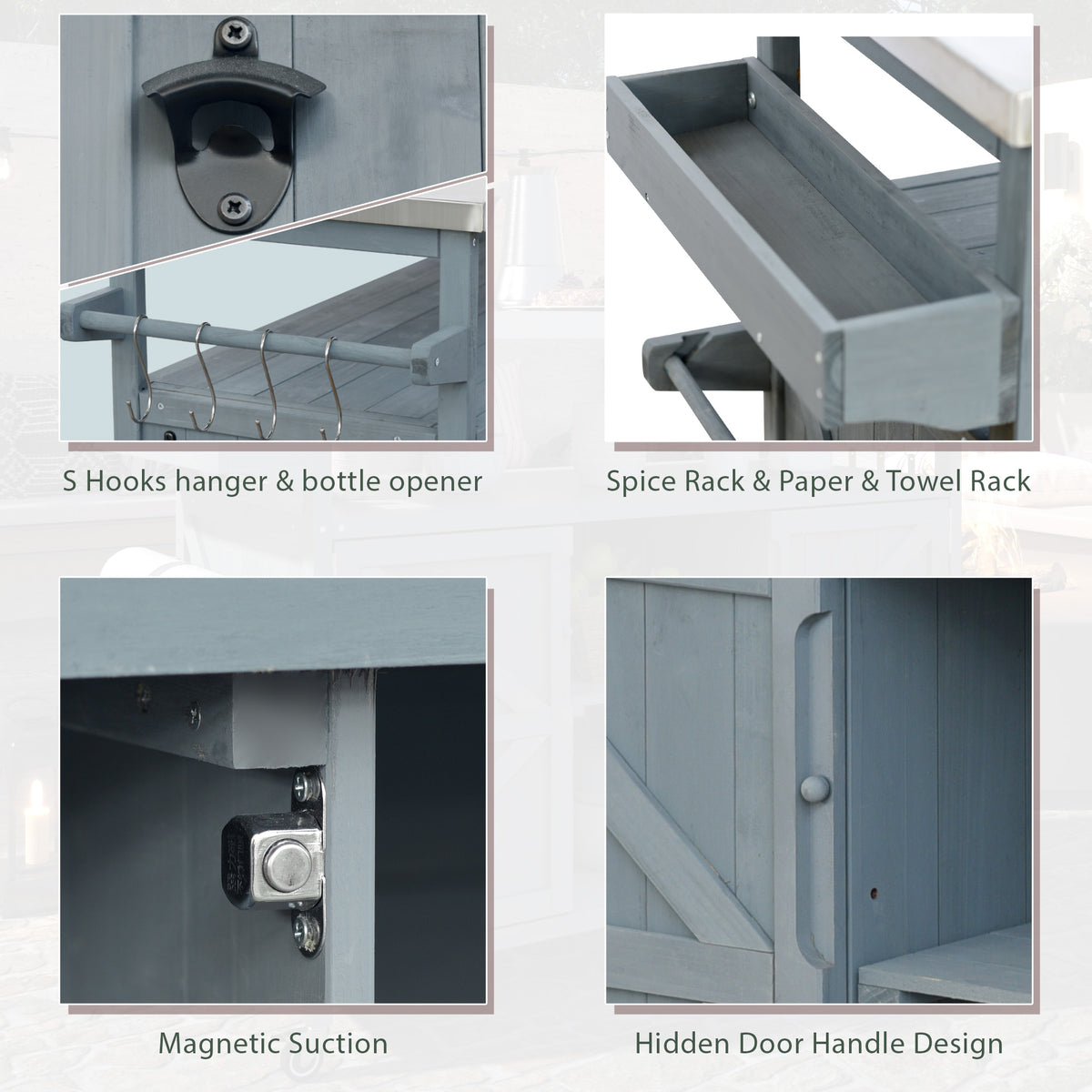 variant-group:rf-n707wf532198aag|Roomfitters Outdoor Kitchen Island Rolling Bar Cart & Storage Cabinet, Farmhouse Solid Wood Outdoor Grill Table with Stainless Steel Top, Spice Rack, Towel Rack for Kitchen & Barbecue, Grey Blue