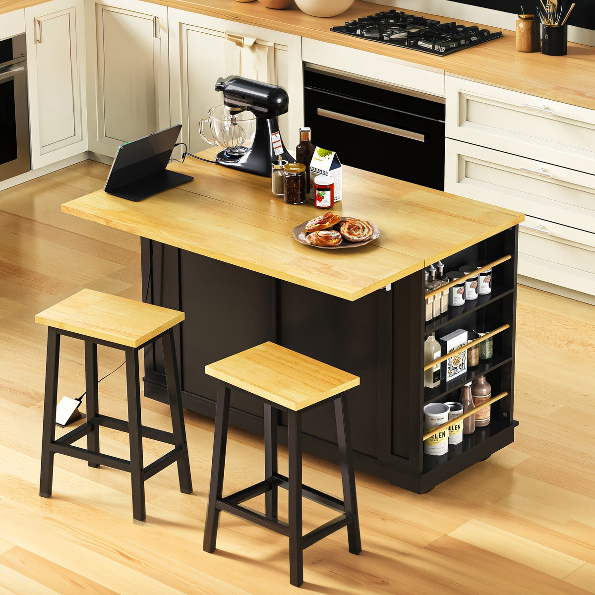 variant-group:rf-n707s257057b|Roomfitters 48" Kitchen Island with Power Outlet and Drop Leaf, Rolling Storage Cabinet with Wood Top and Spice Rack, Black