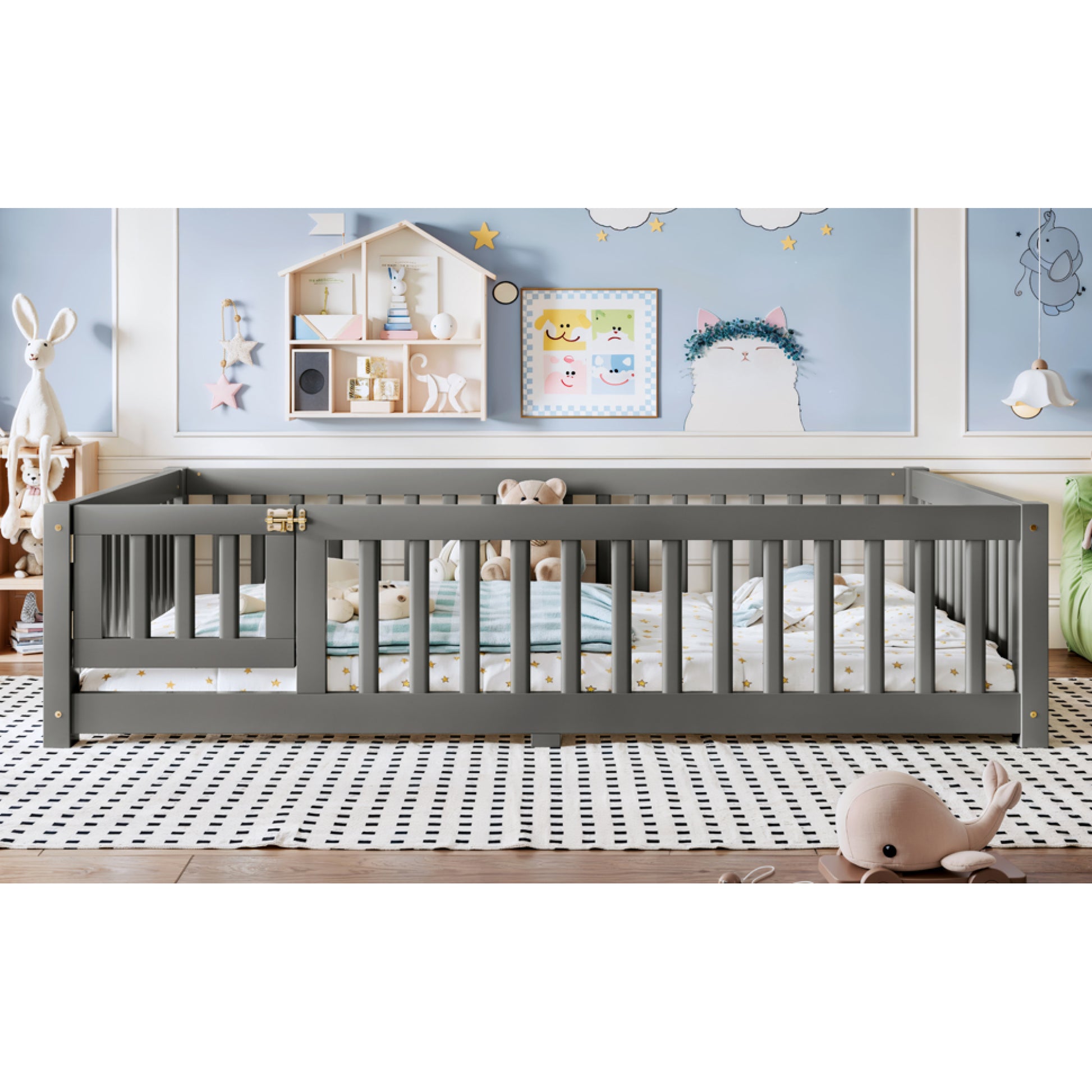 variant-group:rf-w1580p462318|Roomfitters Full Size Wooden Floor Bed Frame with Safety Guardrails Door, Solid Wood Low Profile Toddler Play Bed, Gray