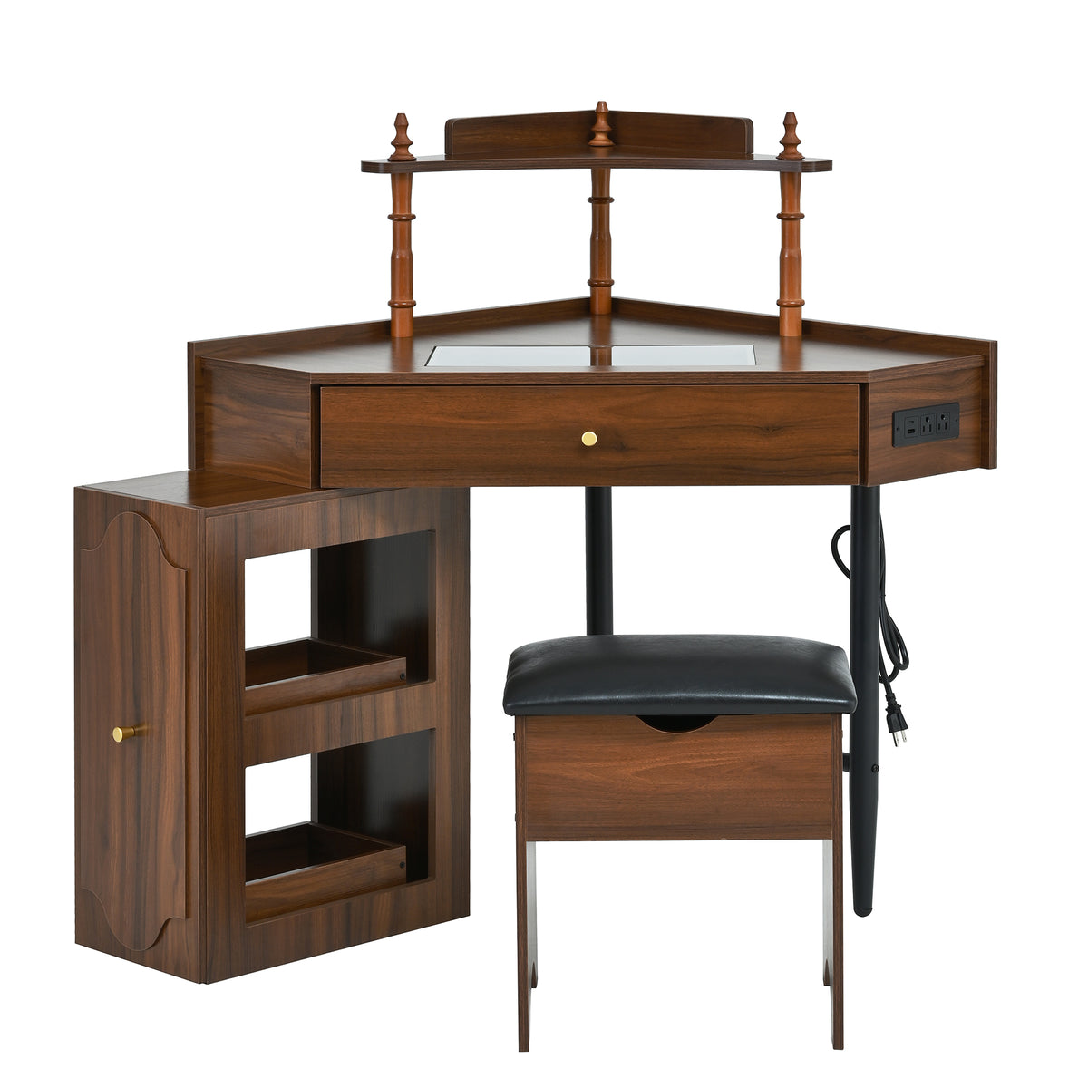 variant-group:rf-n733p336237d|Roomfitters Corner Vanity Desk Set with Stool, Charging Station, Glass Top, Drawer, Shelf, Pull-Out Cabinet, Walnut