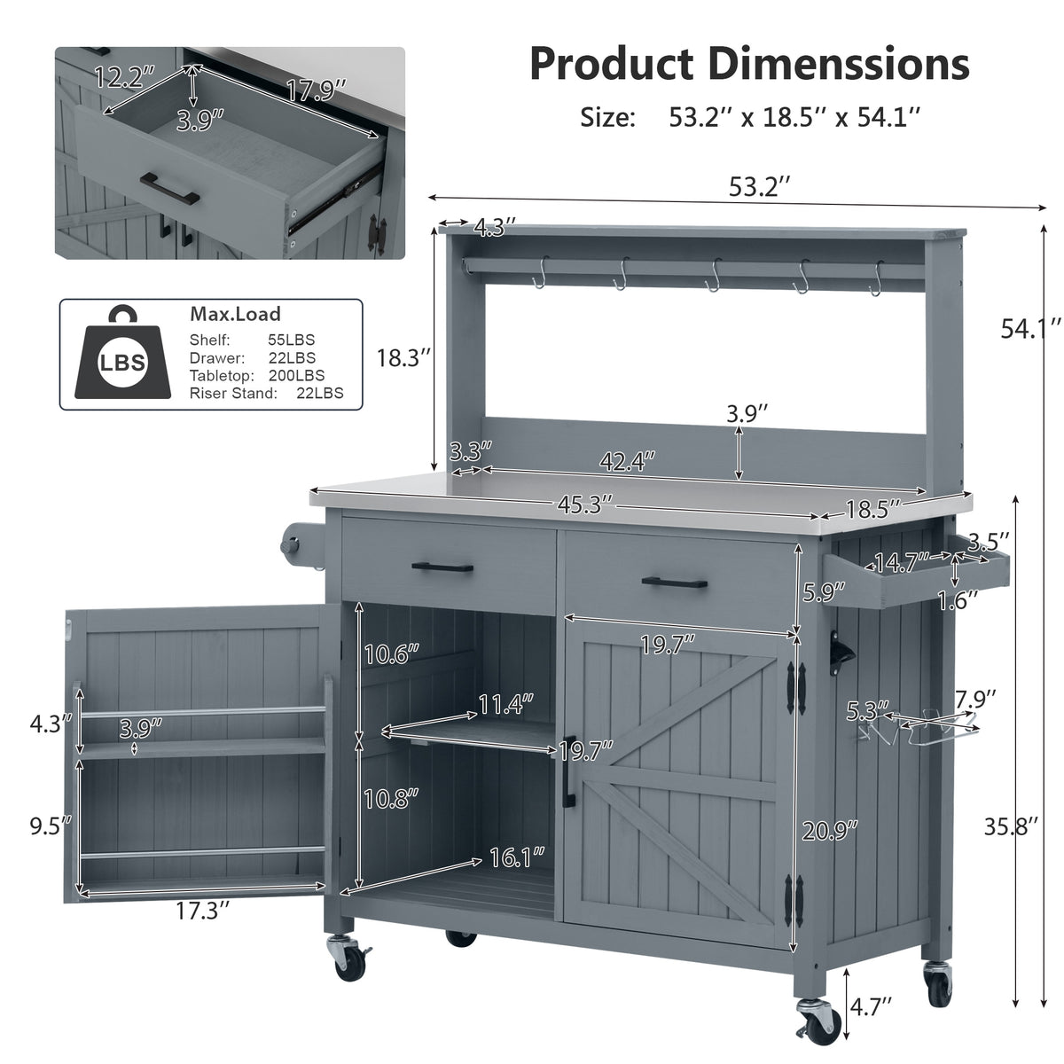 variant-group:rf-n707p409087g|Roomfitters 54.1" Grill Cart, Outdoor Kitchen Prep Station with Stainless Steel Top and Propane Tank Storage, Grey+Blue