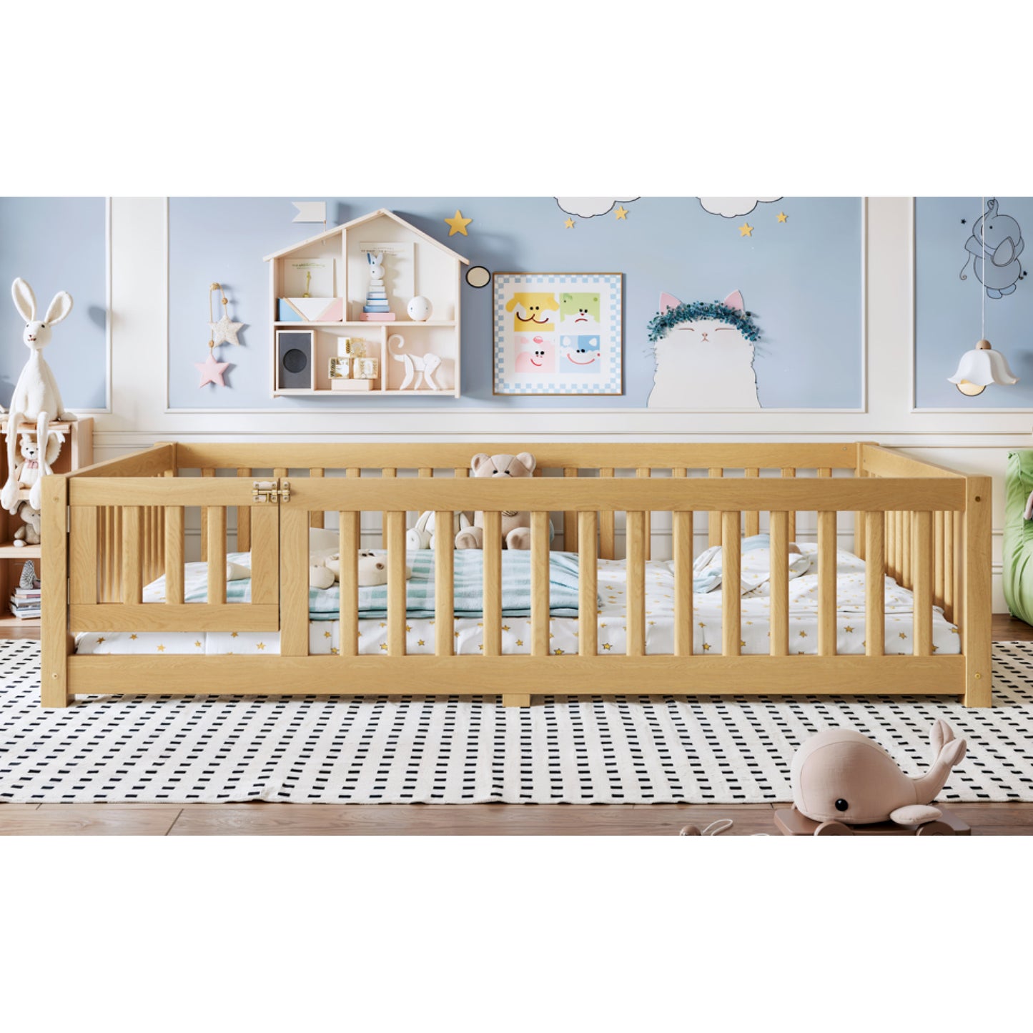 variant-group:rf-w1580p462323|Roomfitters Full Size Wooden Floor Bed Frame with Safety Guardrails Door, Solid Wood Low Profile Toddler Play Bed, Natural