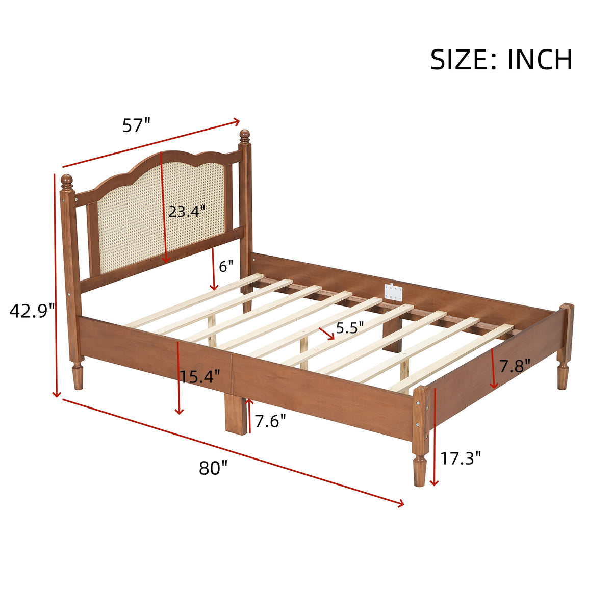 Roomfitters Full Size Wooden Platform Bed with Natural Rattan Headboard, Durable Vintage Bed Frame with Sturdy Wooden Slat Support for Rustic Sophistication, Walnut