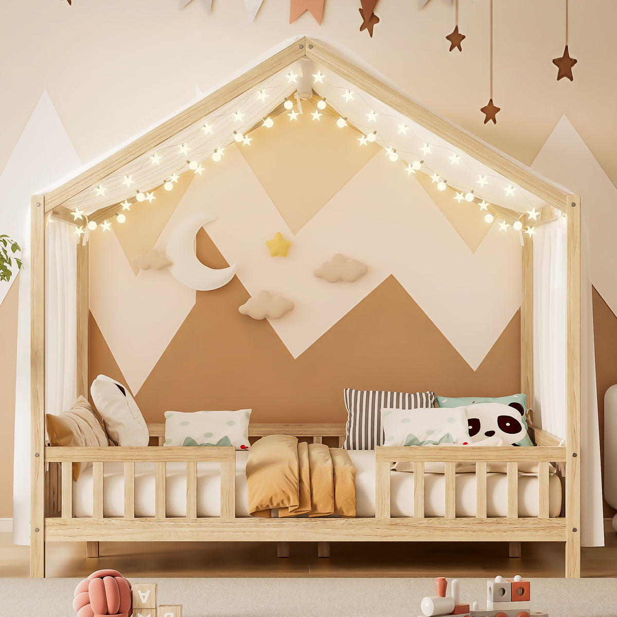 variant-group:rf-n733p356048m|Roomfitters Full Montessori Floor Bed with Canopy, House Shape Wood Frame with Safety Rails, Platform Bed, Natural