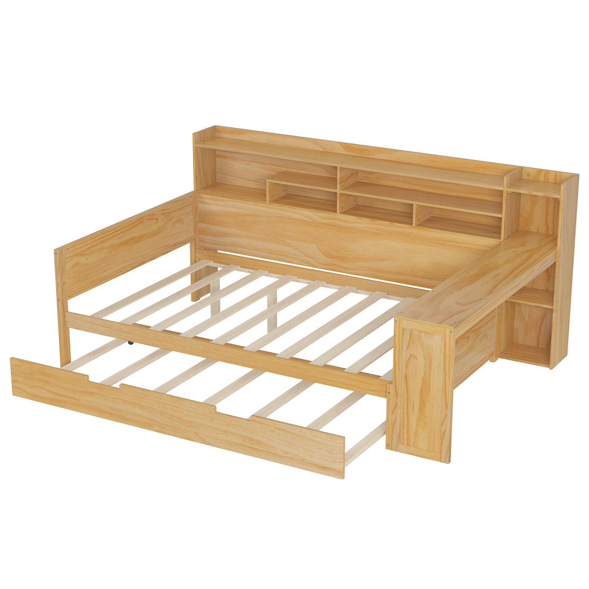 variant-group:rf-n733s373391m|Roomfitters Full Daybed with Twin Trundle, Storage Shelves and Desk, Wooden Multi-Functional Bed, Natural