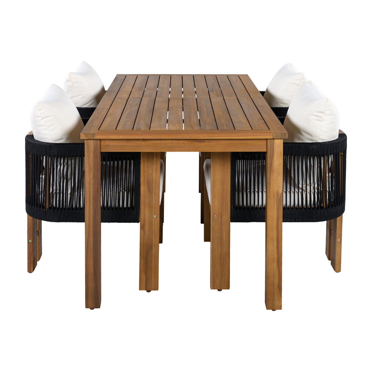 variant-group:rf-n711wy000496aab|Roomfitters 5-Piece Rope Woven Outdoor Dining Set, Farmhouse Solid Acacia Table, 4 Chairs Pack, Black and Brown