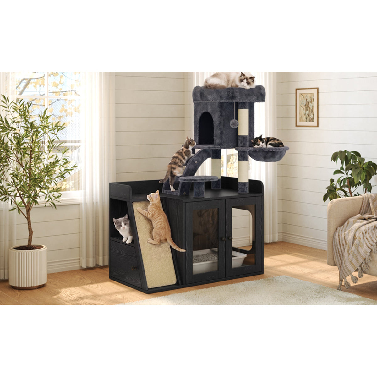 Roomfitters Modular Litter Box Enclosure with Built-In Cat Tree Tower Sisal Scratching Board and LED Light Black Roomfitters