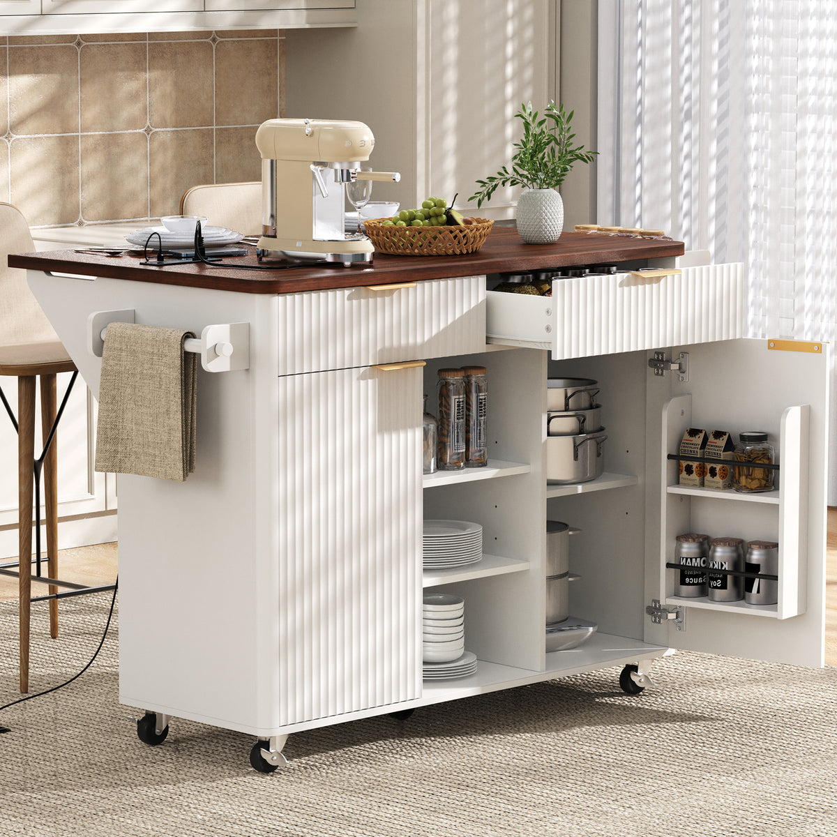variant-group:rf-n707s000019w|Roomfitters 52" Fluted Kitchen Island with Drop Leaf, Power Outlet & Walnut Wood-Grain Top, White
