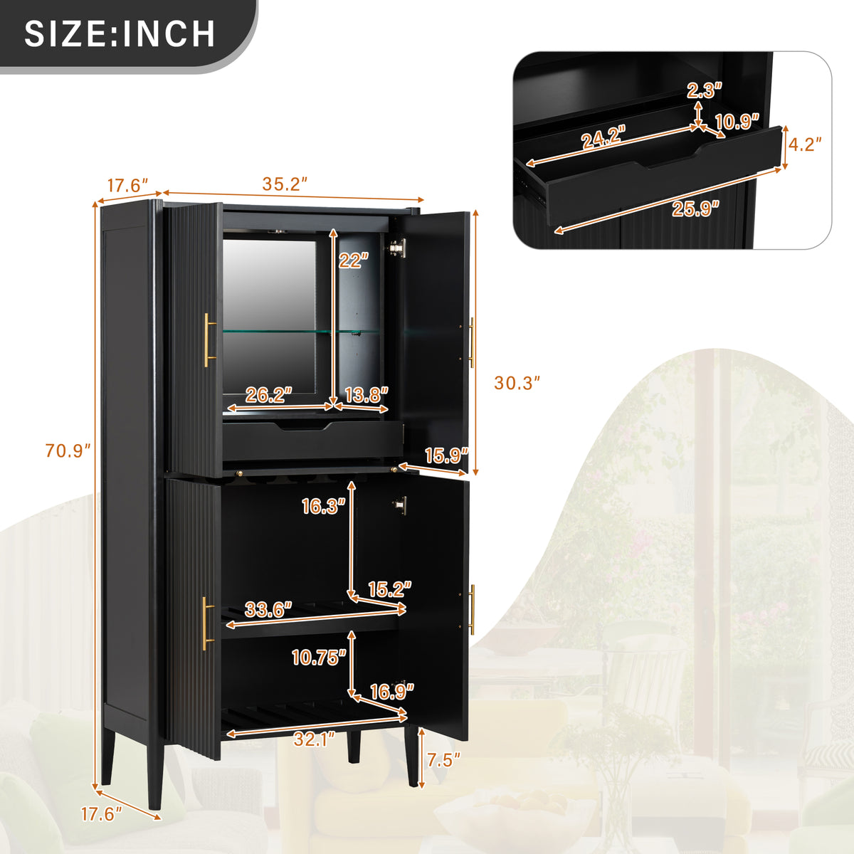 variant-group:rf-n711wy000539aab|Roomfitters Modern Black Fluted 4-Door Tall Wine Bar Storage Cabinet, Glass Display Rack, Built-In LED Lighting
