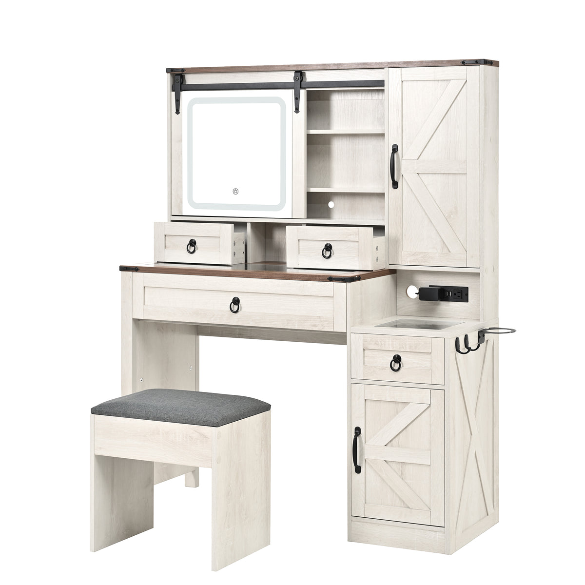 variant-group:rf-n733p340562k|Roomfitters Farmhouse Vanity Desk with Sliding Mirror & Lights, Glass Top, Charging Station, 4 Drawers, 2 Cabinets, Stool, White