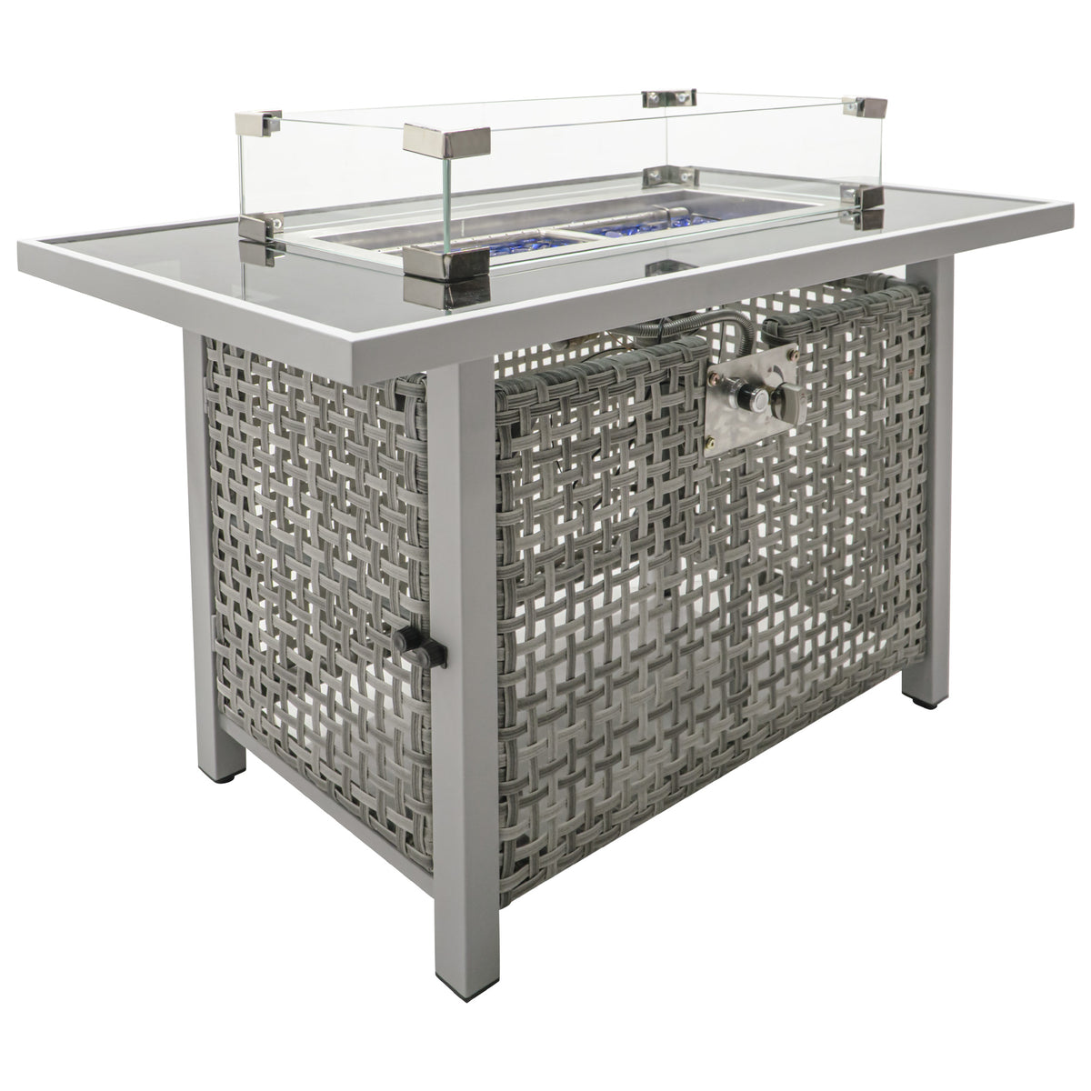 variant-group:rf-n707p210158g|Roomfitters 43" Propane Fire Pit Table, 60,000 BTU Rectangular Wicker Fire Pit with Glass Wind Guard for Patio, Grey