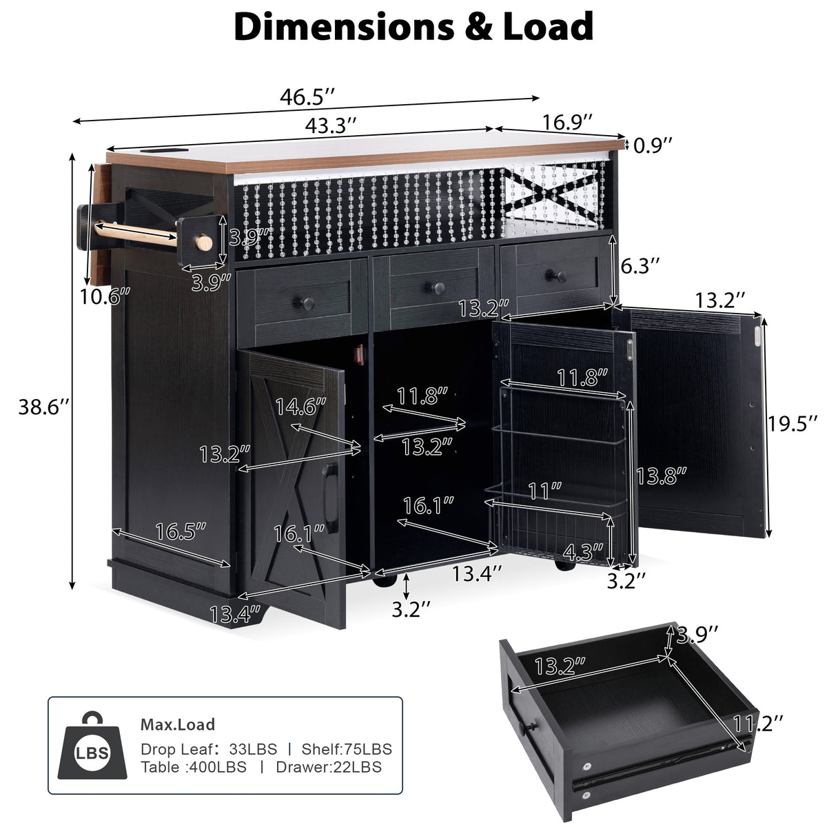 variant-group:rf-n707p254872b|Roomfitters 46.5" Rolling Kitchen Island with Drop Leaf, Mobile Cart with 2 AC Outlets & USB, Beaded Drape & 3 Drawers, Black