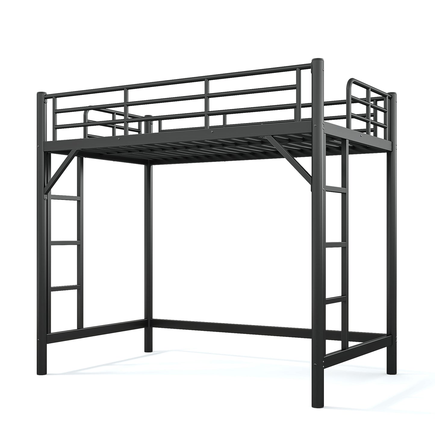 variant-group:rf-w1580p455010|Roomfitters Twin Size Metal Loft Bed Frame with Guardrails, Heavy Duty Space Saving High Loft Bed Dual Ladders, Black