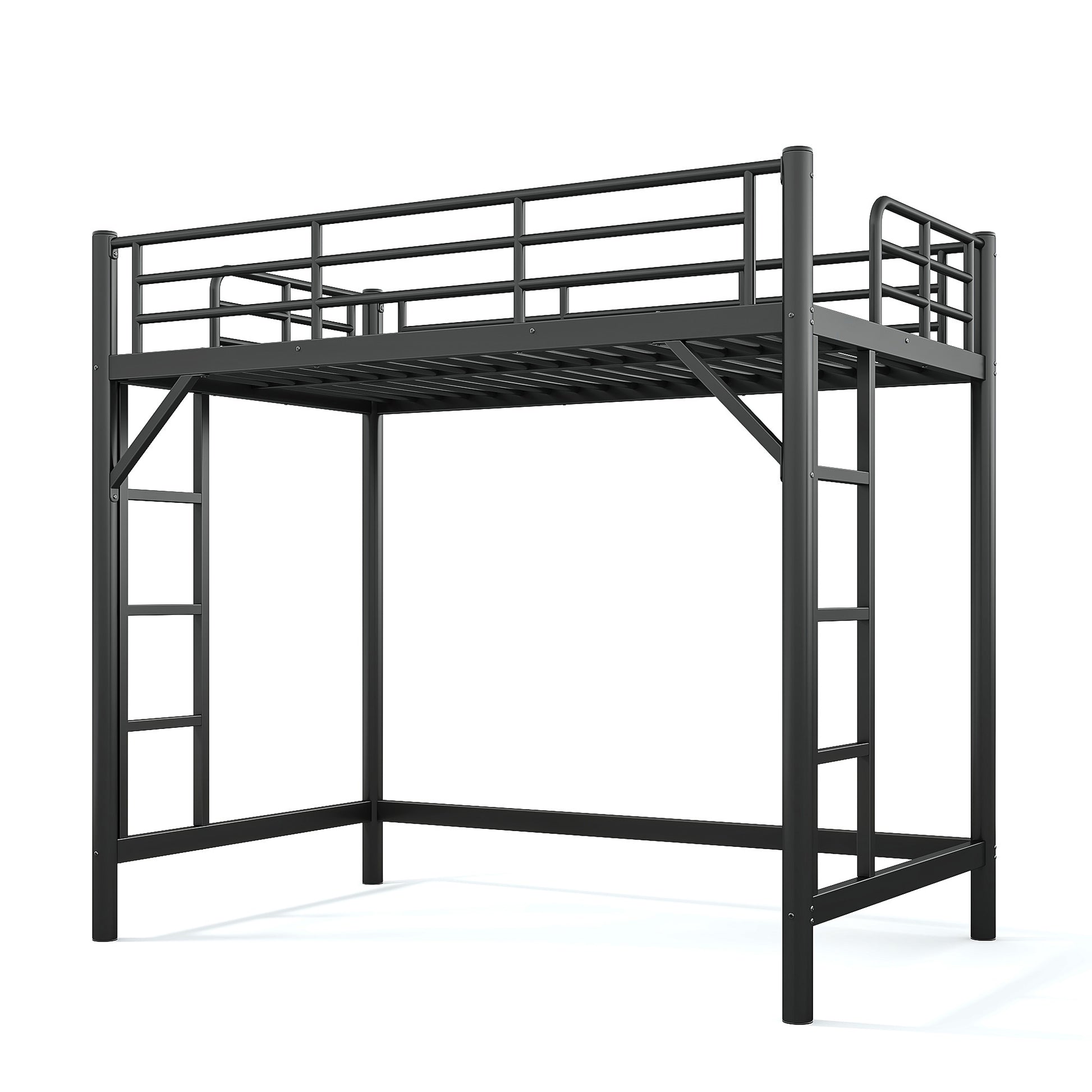 variant-group:rf-w1580p455010|Roomfitters Twin Size Metal Loft Bed Frame with Guardrails, Heavy Duty Space Saving High Loft Bed Dual Ladders, Black