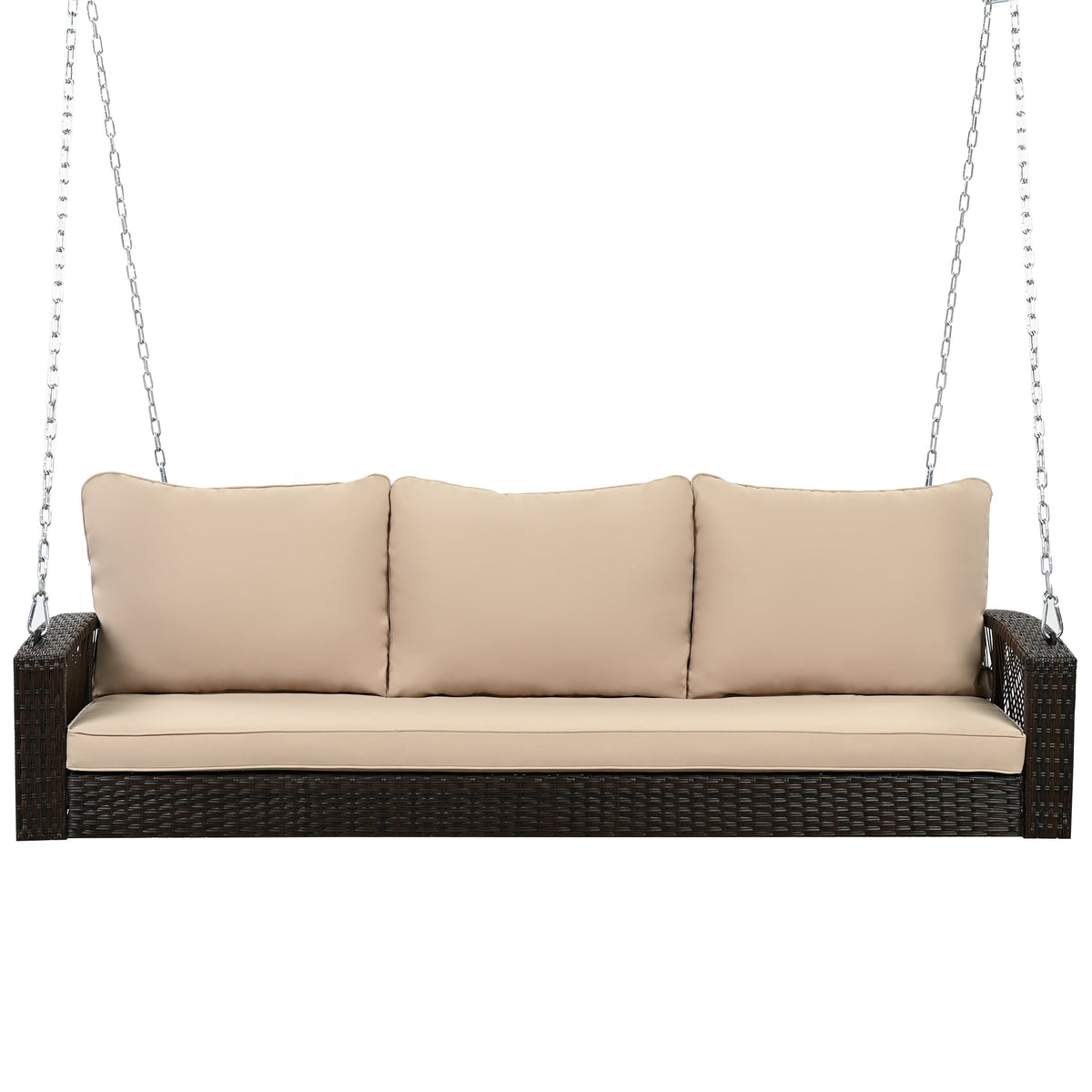 Roomfitters 69" PE Wicker 3-Person Porch Swing, Large Patio Swing Bench with Chains & Cushions, Backyard & Garden, Brown Roomfitters