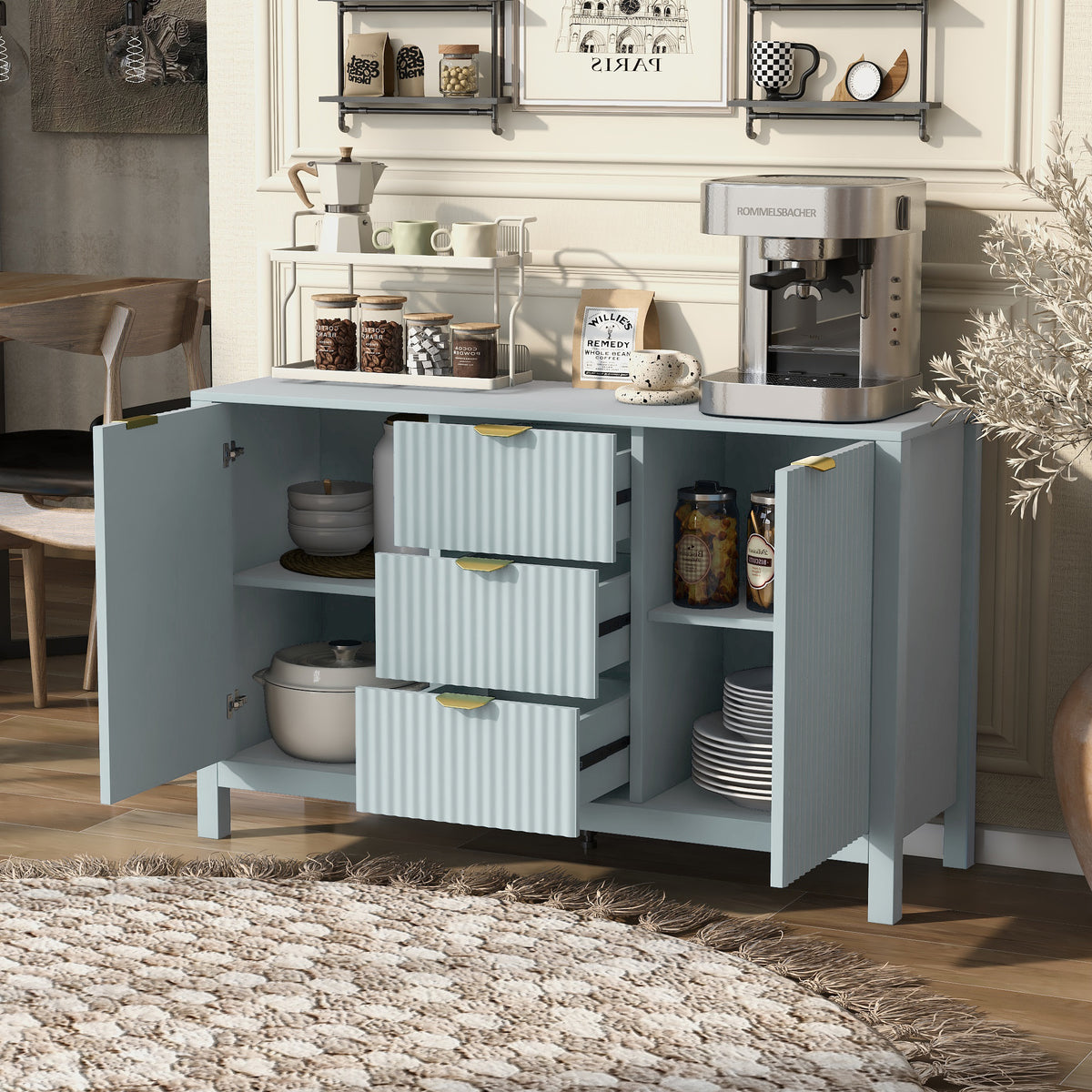 variant-group:rf-n711p269066c|Roomfitters Sideboard Buffet Cabinet with 3 Drawers, Mid-century Modern Fluted Accent Storage for Kitchen & Dining, Cyan