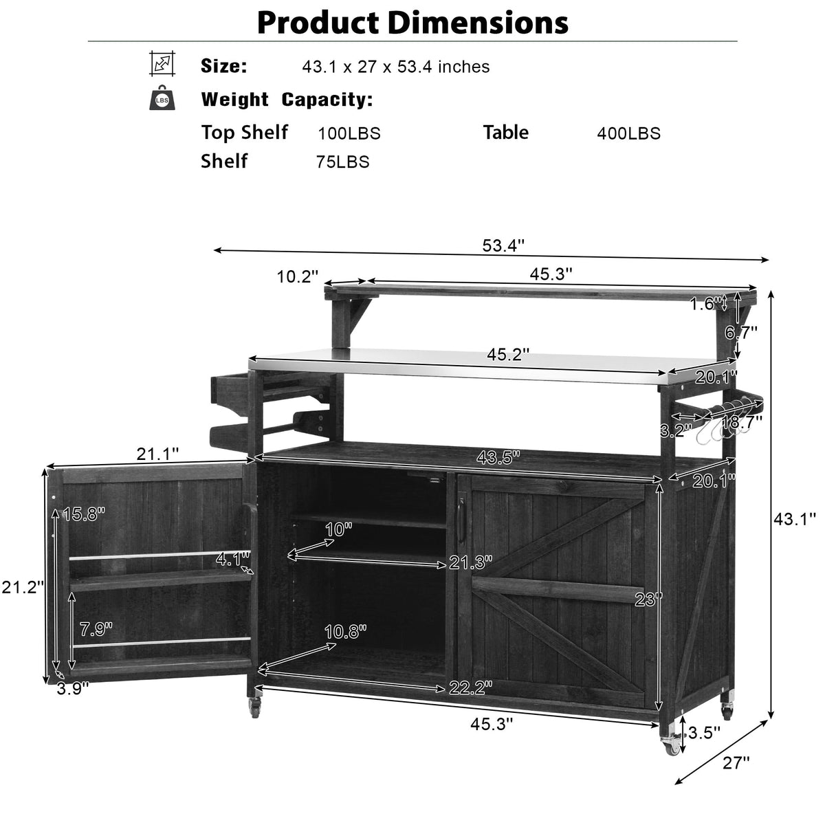 Roomfitters 56.5" Grill Cart, Outdoor Kitchen Island with Stainless Steel Top and Storage Cabinet, BBQ Prep Station, Black