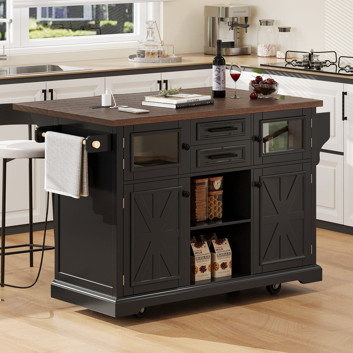 variant-group:rf-n707s300277b|Roomfitters 54.9" Kitchen Island with Drop Leaf, Rolling Kitchen Cart with Barn Door and Glass Door, Storage Cabinet, Black