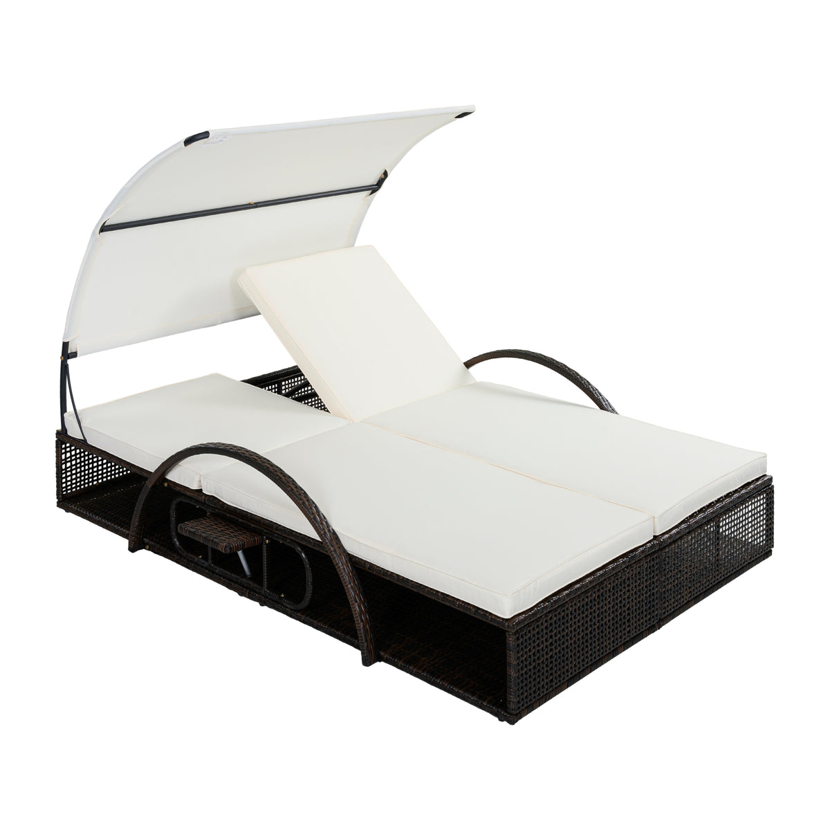variant-group:rf-n711wy000485aaa|Roomfitters Beige HDPE Wicker Outdoor Double Sunbed, Steel Frame Patio Chaise, Hidden Side Tables, Canopy Shade
