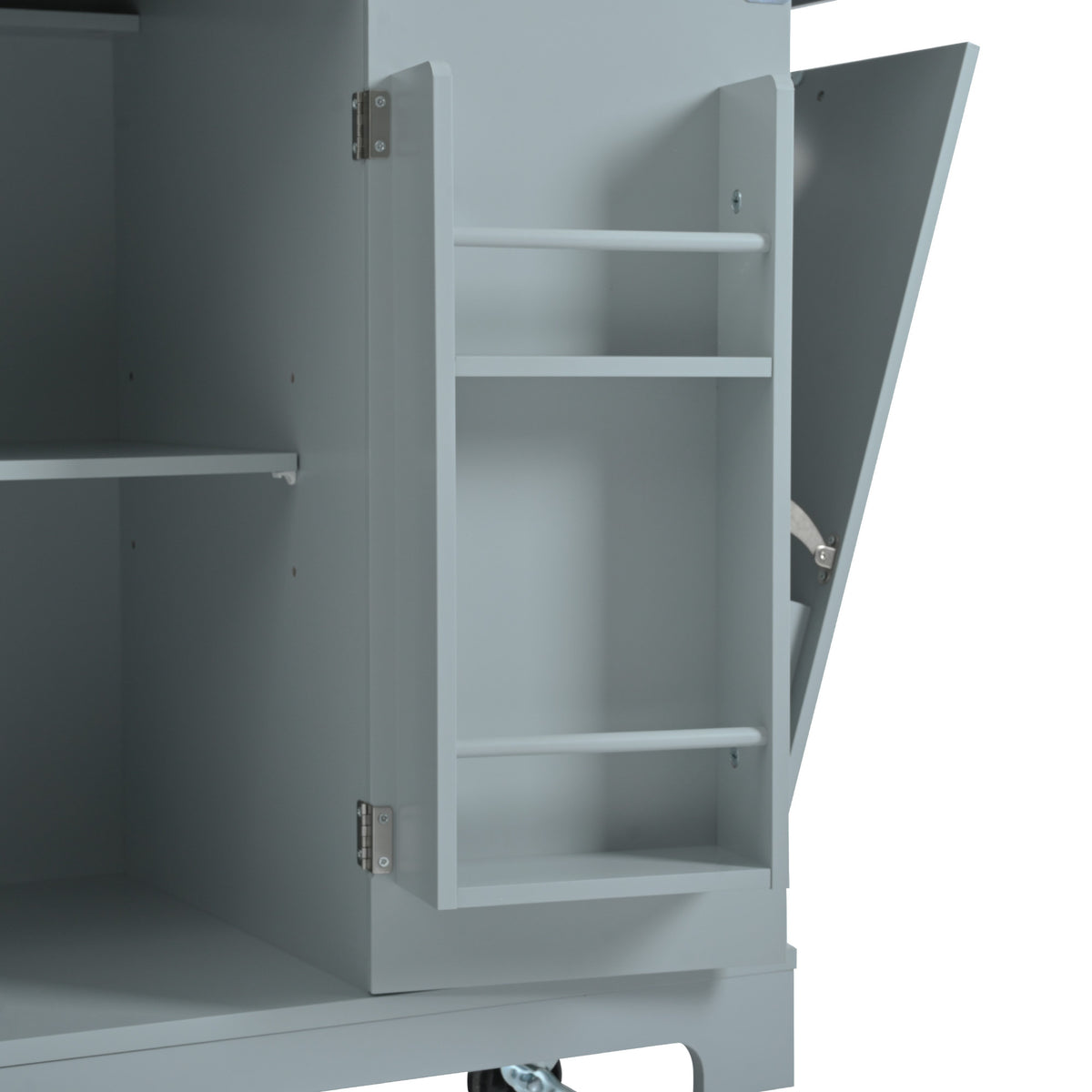 variant-group:rf-n707p221571g|Roomfitters Fluted Kitchen Island with Trash Can Cabinet, Power Outlet, Storage Rack, Rolling Cart with Open Side Racks, Grey Blue