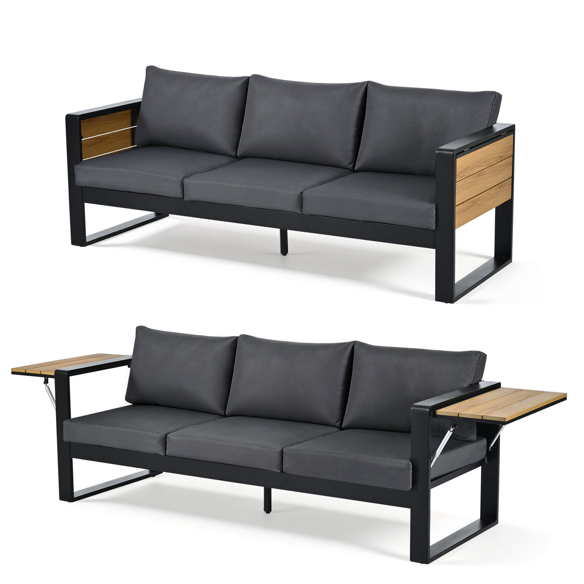 variant-group:rf-n704g201257e|Roomfitters 4-Piece Aluminum Patio Conversation Set with Four Fold-Out Side Trays and Slatted Coffee Table Gray