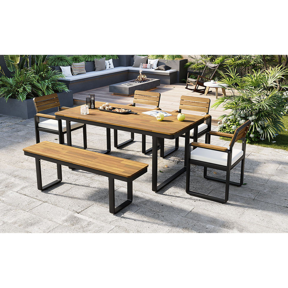 variant-group:rf-n704g201255a|Roomfitters 6-Piece Solid Acacia Wood Patio Dining Set with Steel Frames and Cushion Chairs Beige
