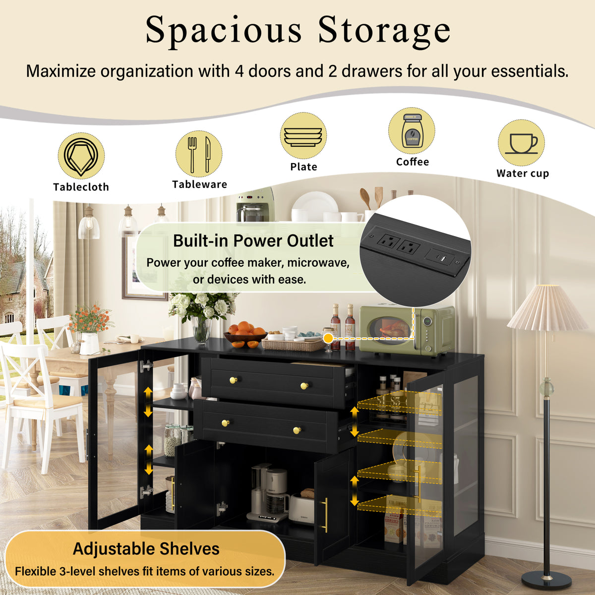 variant-group:rf-n711p437648b|Roomfitters Contemporary Black Melamine MDF Buffet Sideboard Storage Cabinet Acrylic Doors Dining Room Kitchen Console