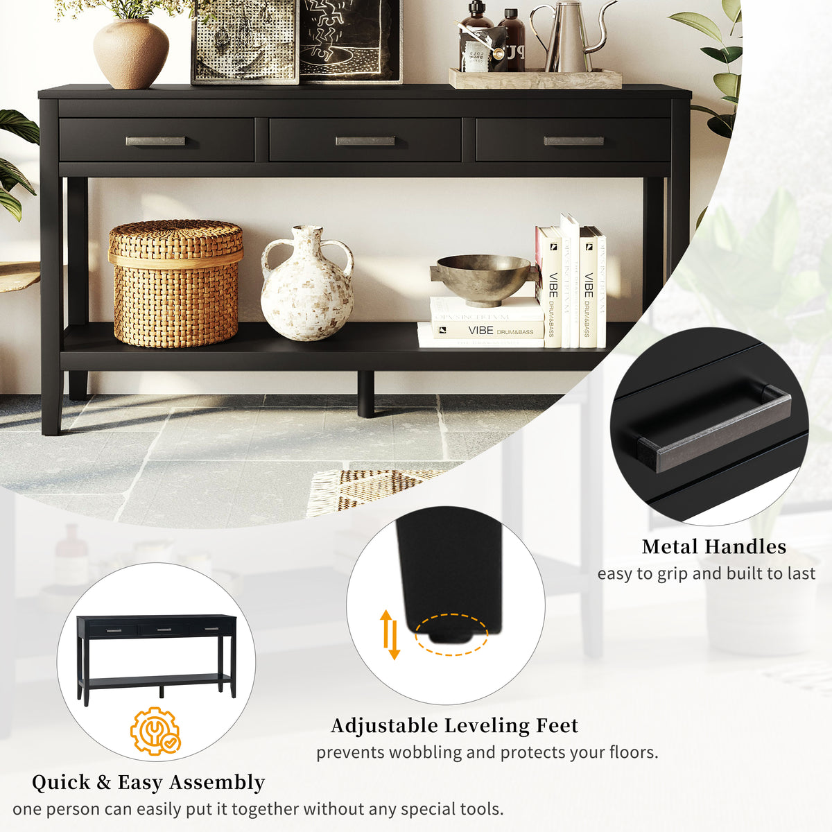 variant-group:rf-n711p410445b|Roomfitters 59.1" Farmhouse Entryway Table with 3 Drawers, Slim Console Sofa Table with Open Shelf for Hallway, Black