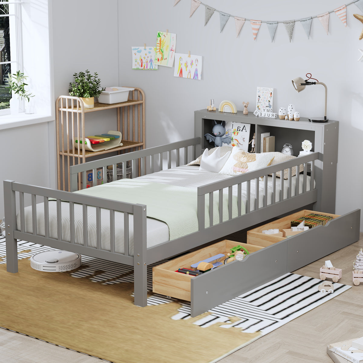 variant-group:rf-n733p272374e|Roomfitters Twin Bed with Headboard Storage Rack, Under-Bed Storage and Three-Side Guardrails, Gray