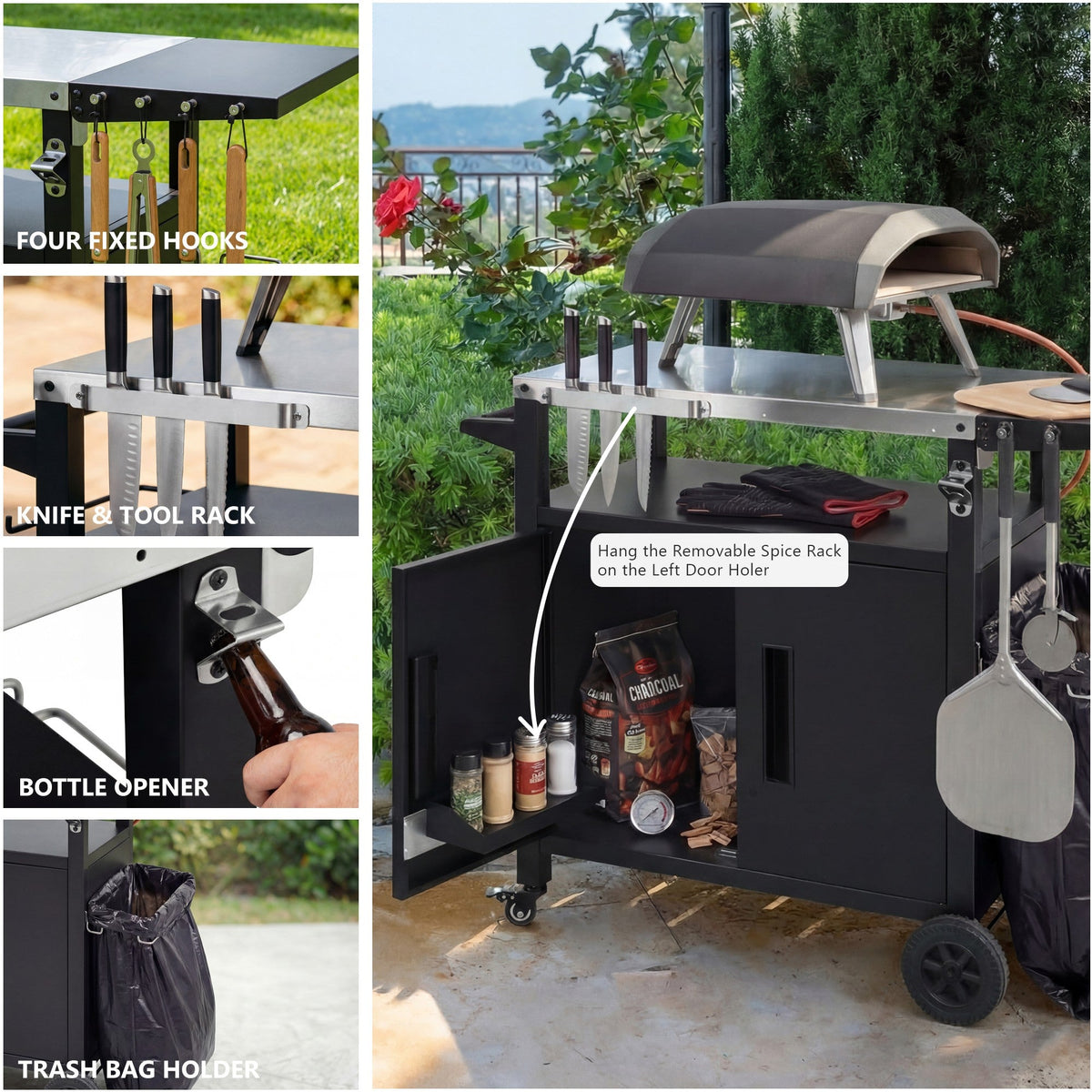 Roomfitters Grill Cart with Stainless Steel Top, Outdoor Kitchen Island, BBQ Prep Station with Trash Bag Holder and Hooks, Black