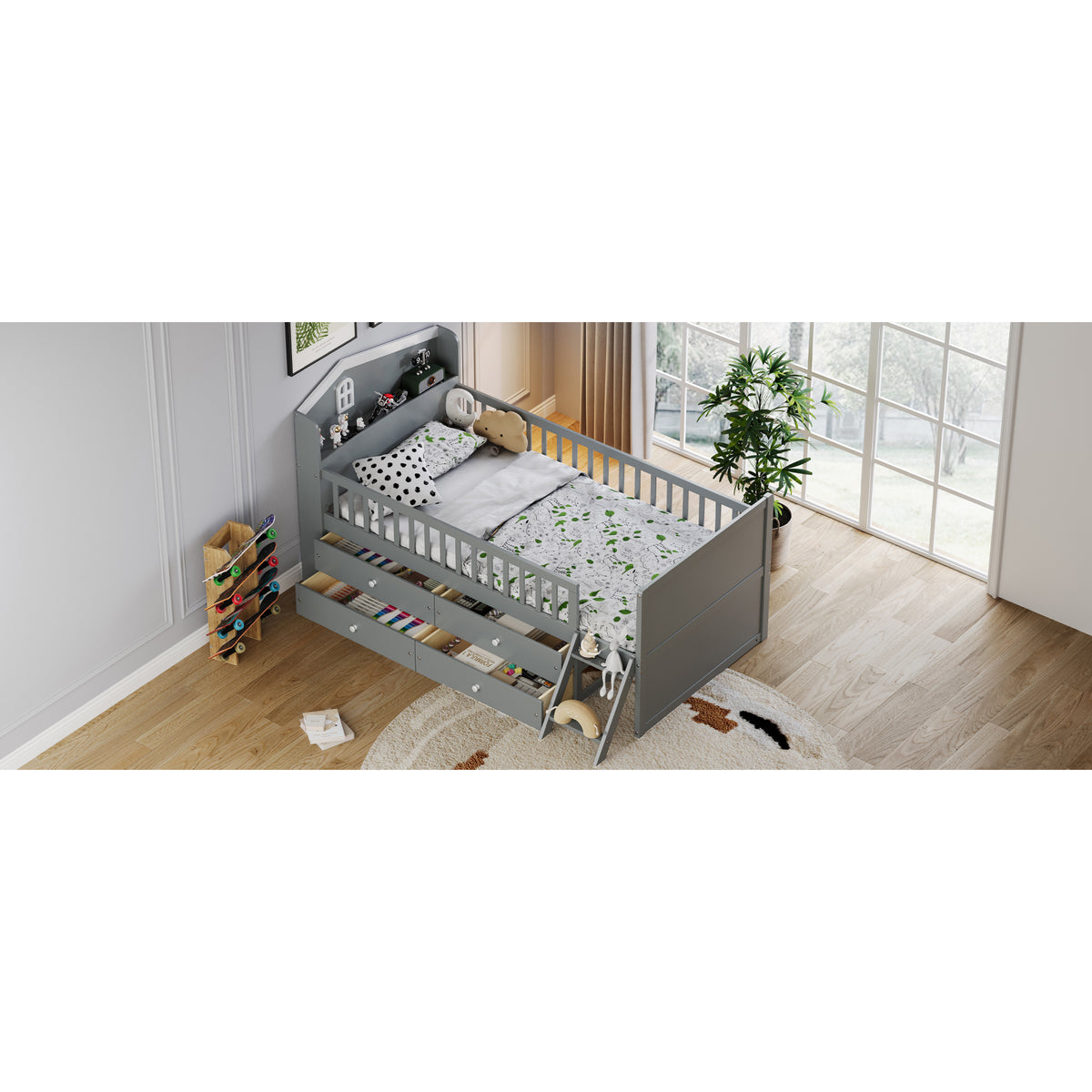 variant-group:rf-n733s278032e|Roomfitters Twin Platform Bed Frame with Four Drawers, Wooden Kids Bed with Guardrail Headboard and Ladder, Gray