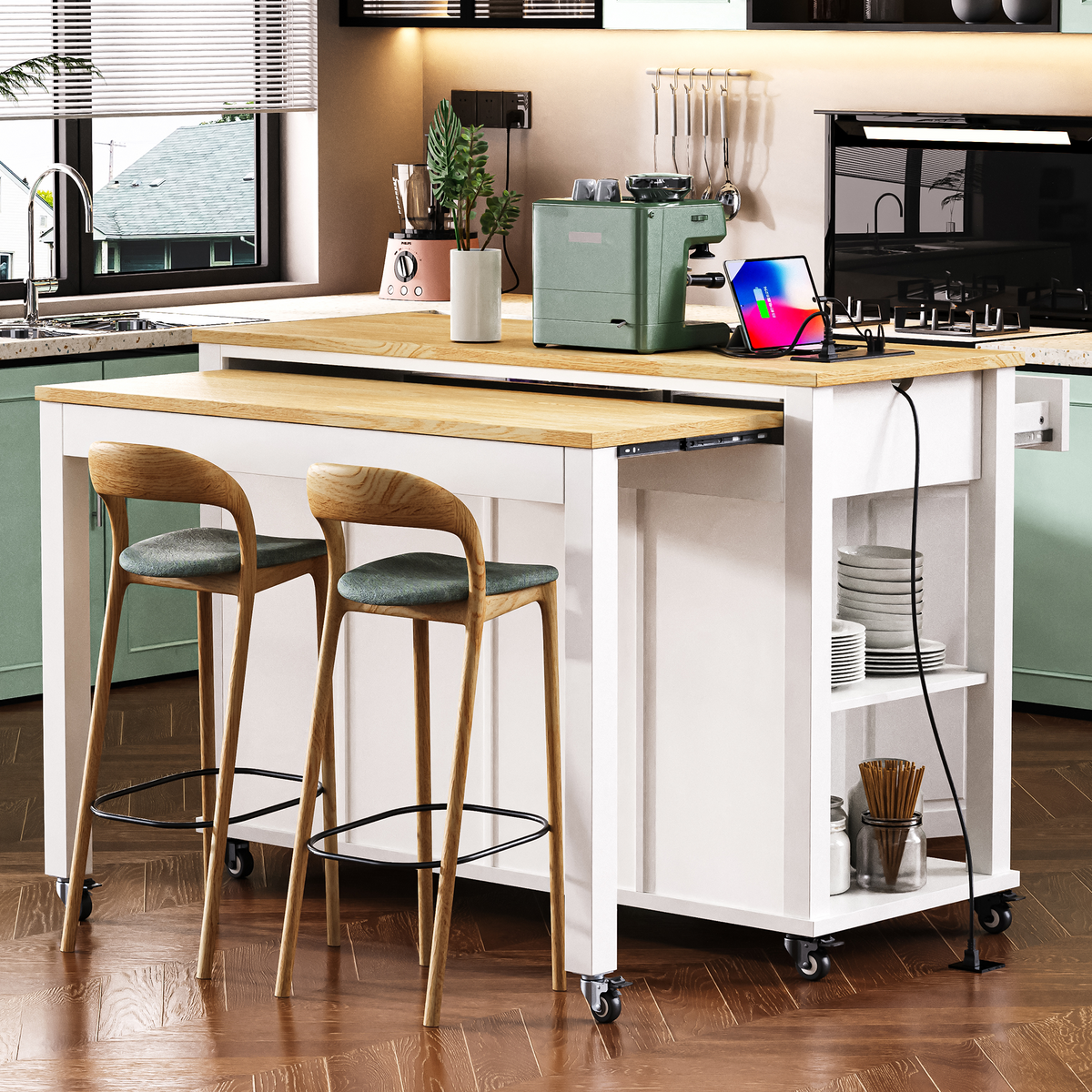 variant-group:rf-n707p215327w|Roomfitters 47" Kitchen Island with Extendable Dining Table, Storage Cabinet, Power Outlet, Rubber Wood Veneer, White